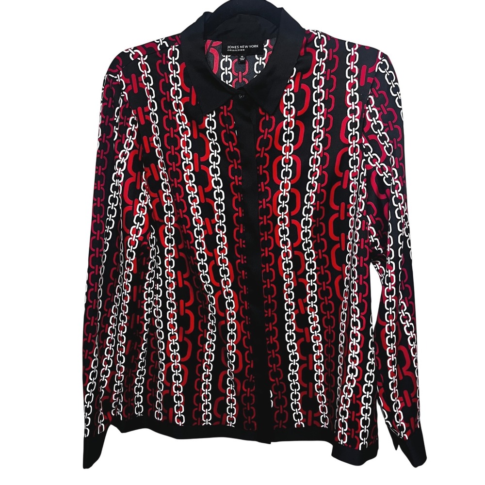 Jones NY‎ Womens Size 10 Red Chain Full Button Satin Shirt OId Money Mob Wife